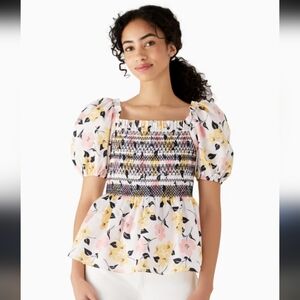 Kate Spade Lily Bloom Puff Sleeve Peplum Smocked Floral Cotton Top Medium